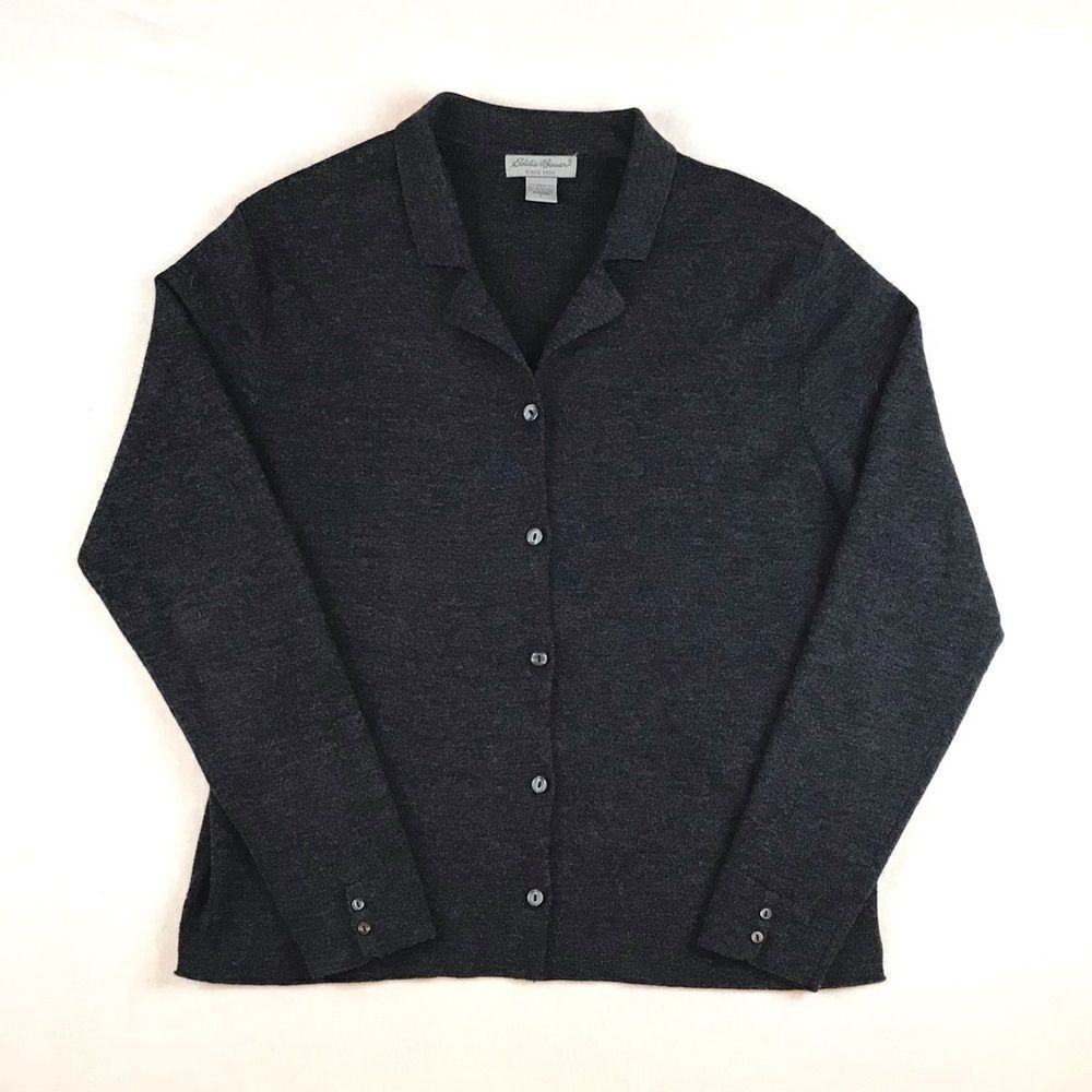 Eddie Bauer Charcoal Grey‎ Collared %100 Merino Wool Cardigan Sweater Women’s L